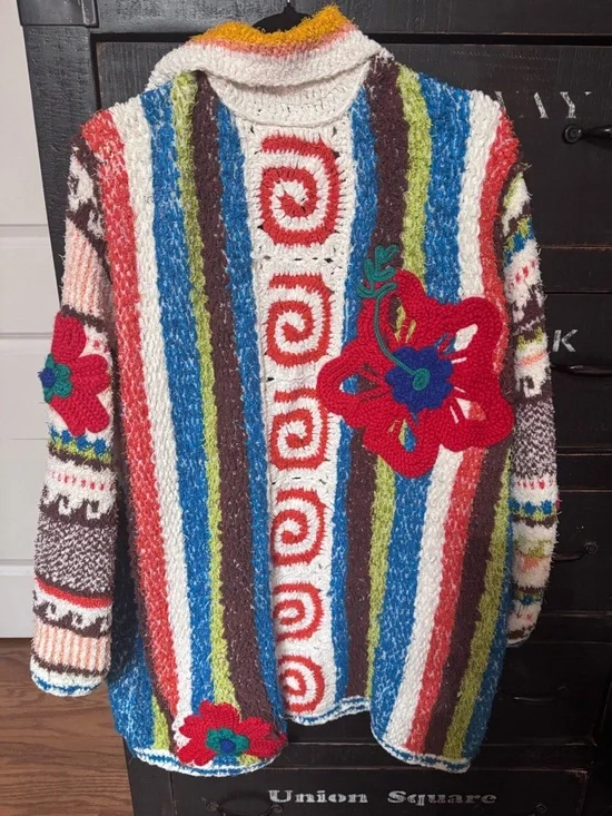 Free People White Cardigan with Red and Blue Crochet Accents - Picture 3 of 3